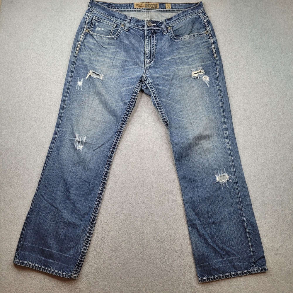 BKE Derek Jeans Mens 36x32 Blue Distressed Relaxed Straight Denim